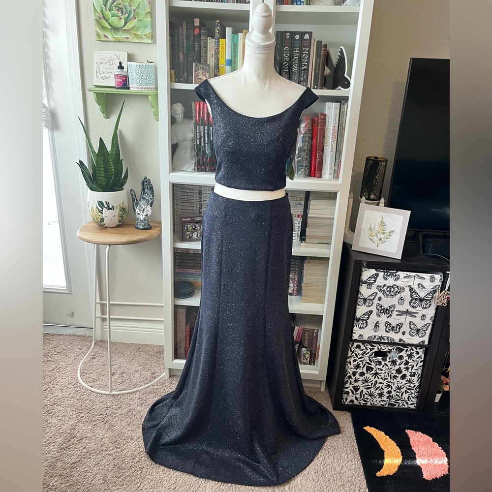 NWT Windsor Midnight Navy Blue Two-Piece Glitter Shimmer Prom Gown Dress Bodycon - Picture 6 of 13